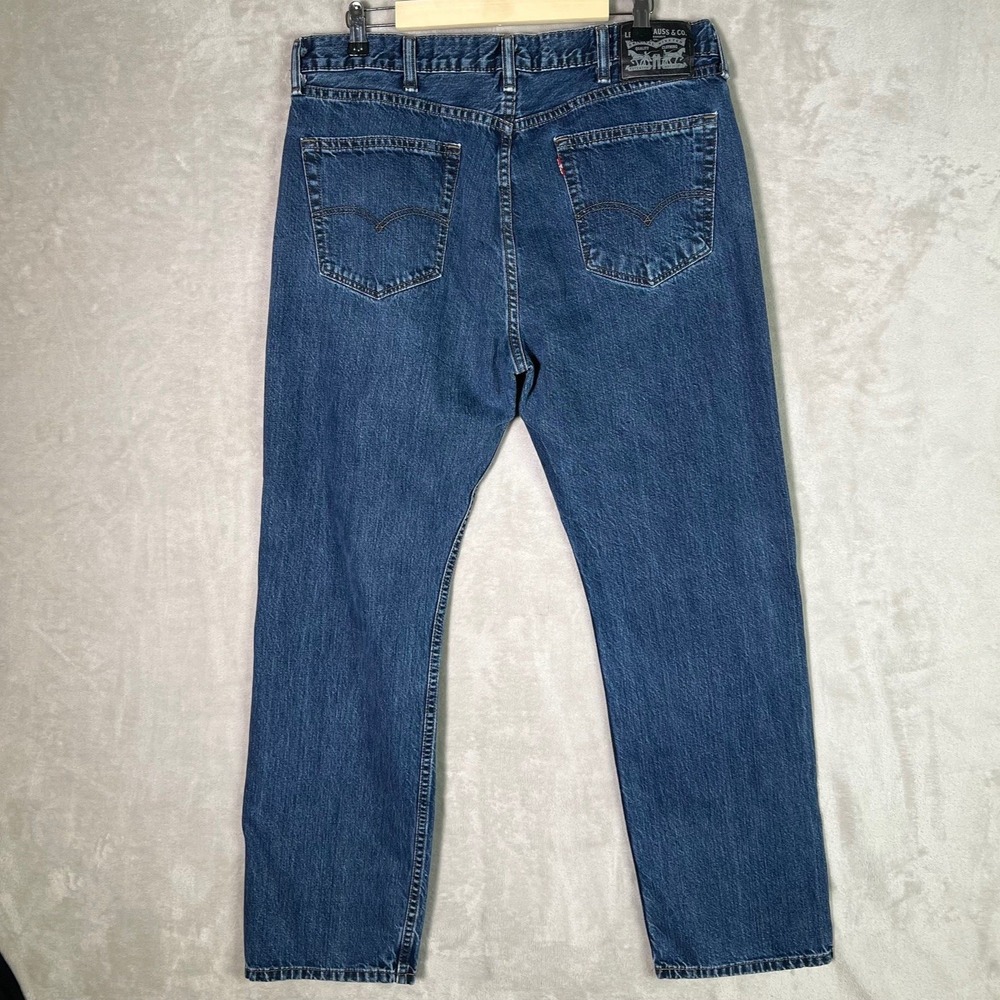Levis 505 Jeans Mens 38x32 Blue Cotton Black Patch Medium Wash Dad Denim